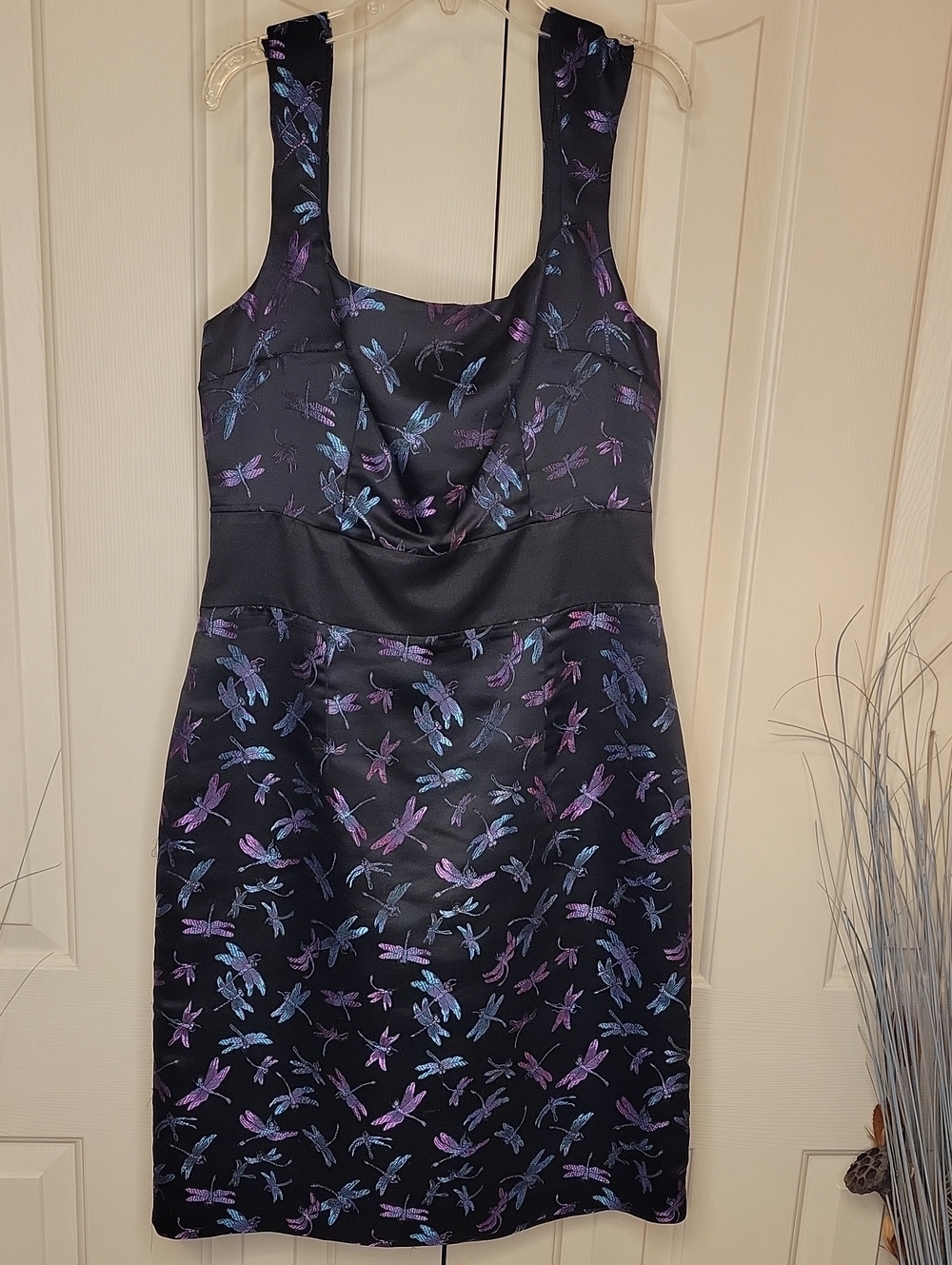 Black Satin Mini Dress with Purple & Blue Dragonfly Print